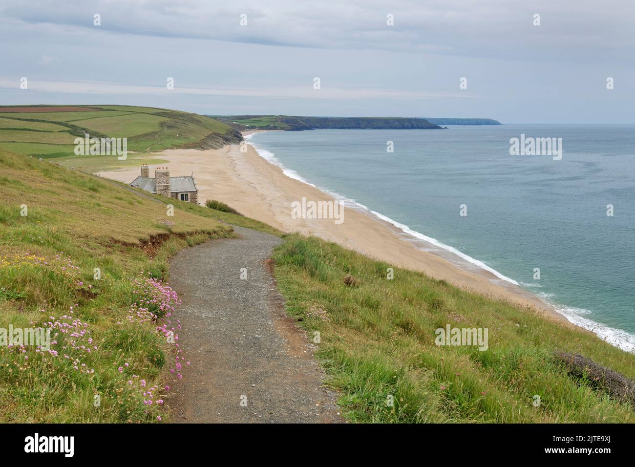 View to Bar lodge and Loe Bar Beach from the Southwest coast path, Porthleven, the Lizard, South Cornwall, UK, June 2021. Stock Photo