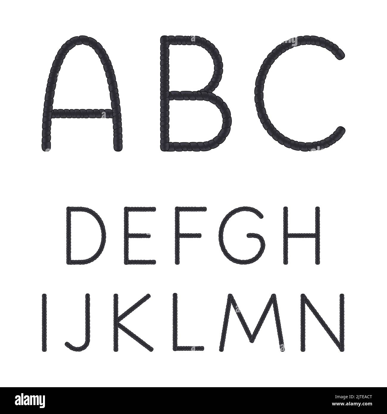 Font, alphabet, letters from dreadlocks from A to N. Isolated vector