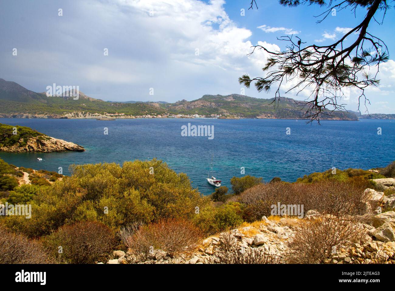 View Sant Elm from Sa Dragonera island to Mallorca, Spain Natural park reserve Mediterranean Stock Photo