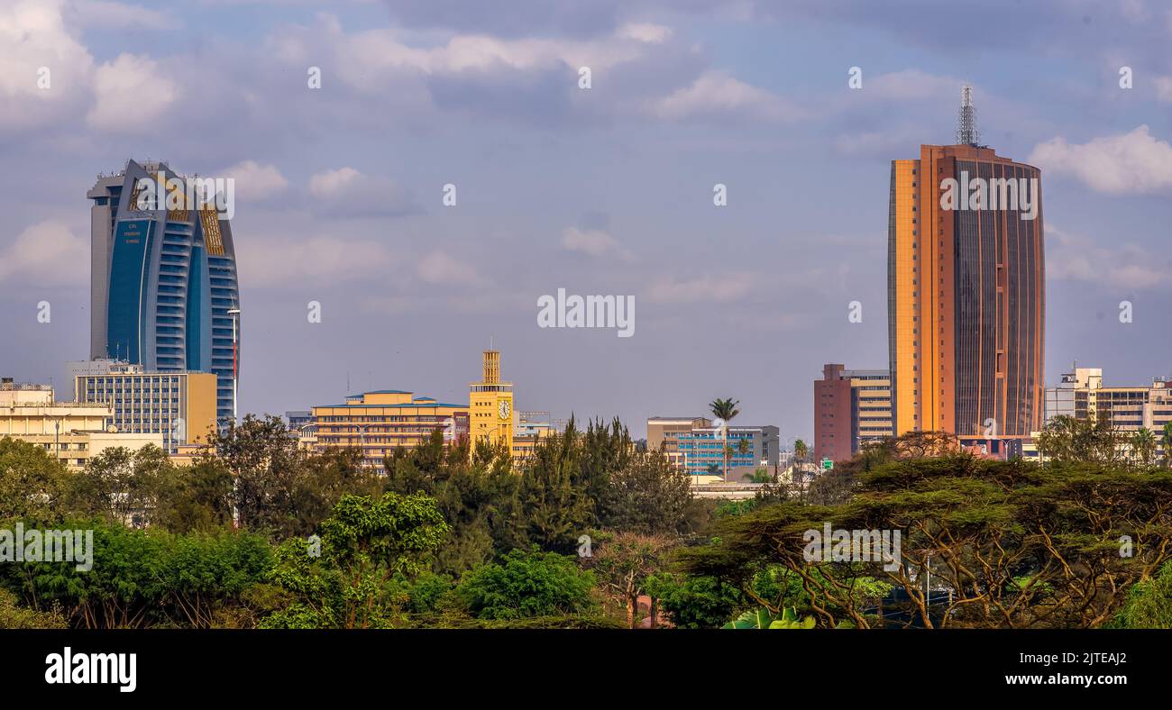 The new Nairobi skyline. On the foreground is the refurbished park and the newly constructed Nairobi expressway. Stock Photo