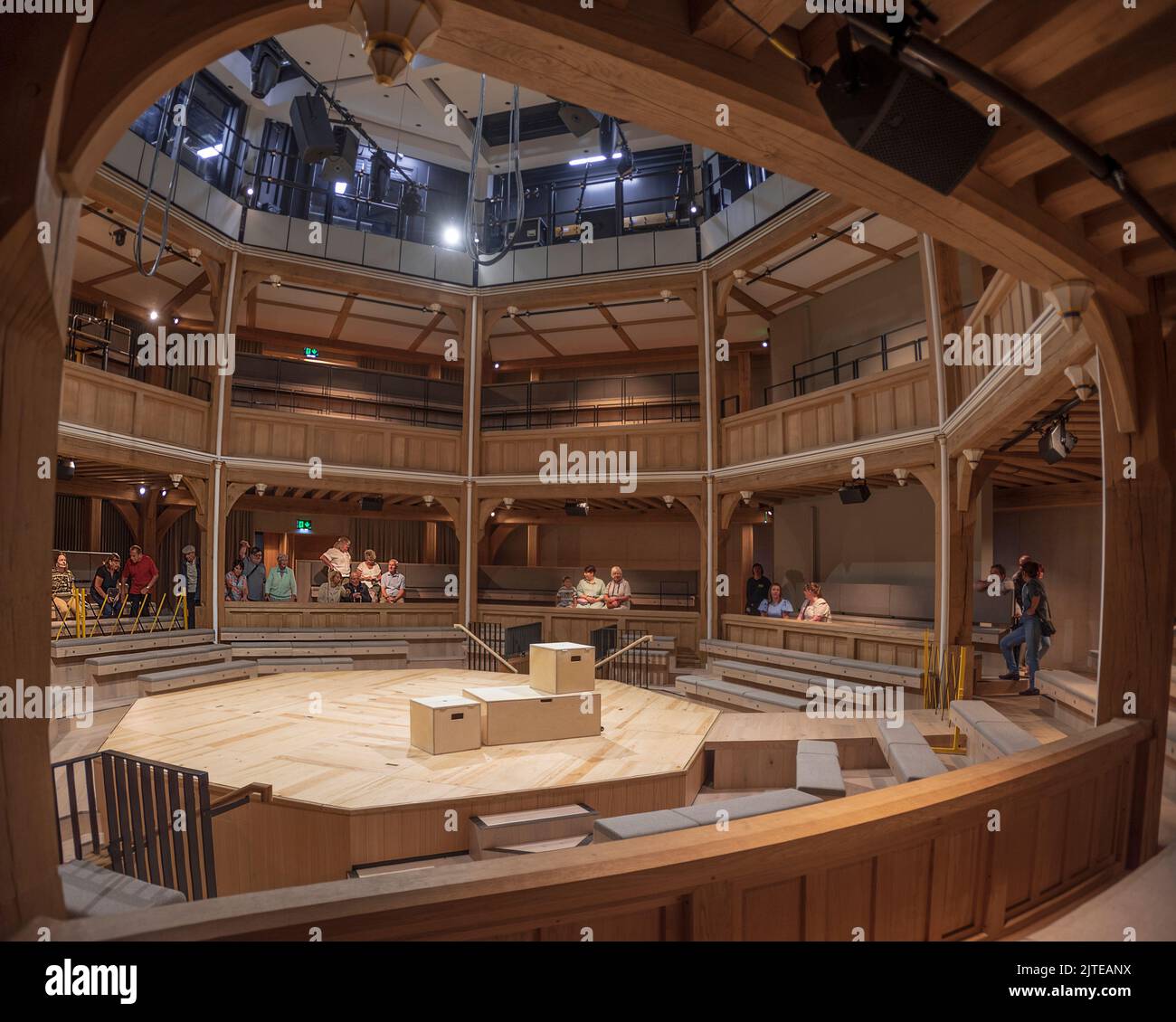 The Shakespeare North theatre in Prescot, Merseyside. The all wooden theatre in the round audirorium. Stock Photo