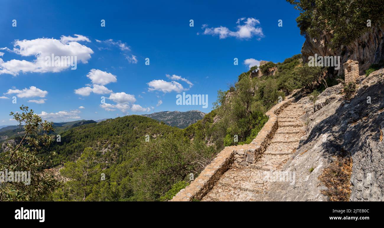 Alaró Castle, stairs to the main gate of the wall, Majorca, Balearic Islands, Spain Stock Photo