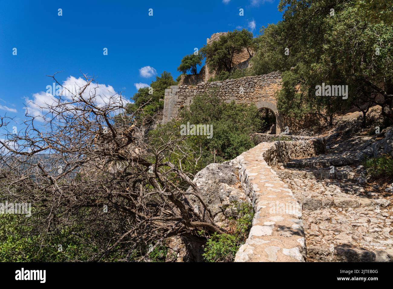 Alaró Castle, stairs to the main gate of the wall, Majorca, Balearic Islands, Spain Stock Photo