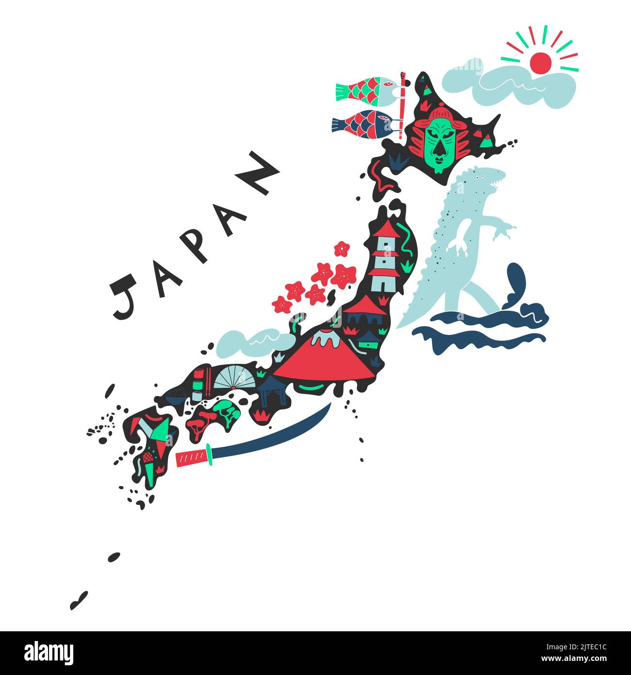 Vector hand drawn stylized map of Japan landmarks. East map element. Japanese  Travel illustration. Asia continent atlas Stock Vector