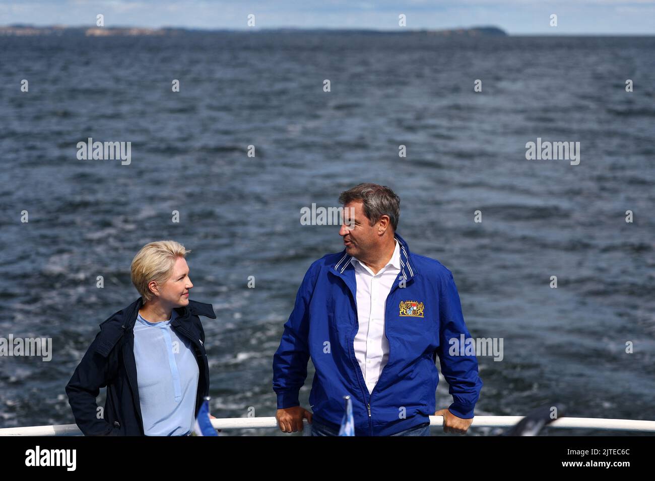 Mecklenburg-Western Pomerania state premier Manuela Schwesig and Bavaria's State Premier Markus Soeder pose after signing a letter of intent to build a liquid gas LNG terminal at the industrial harbour near Lubmin, Germany, August 30, 2022. REUTERS/Lisi Niesner Stock Photo