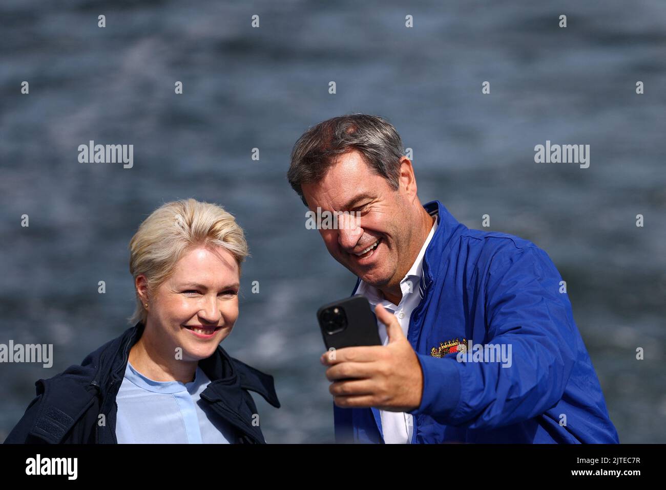 Mecklenburg-Western Pomerania state premier Manuela Schwesig and Bavaria's State Premier Markus Soeder take a picture after signing a letter of intent to build a liquid gas LNG terminal at the industrial harbour near Lubmin, Germany, August 30, 2022. REUTERS/Lisi Niesner Stock Photo
