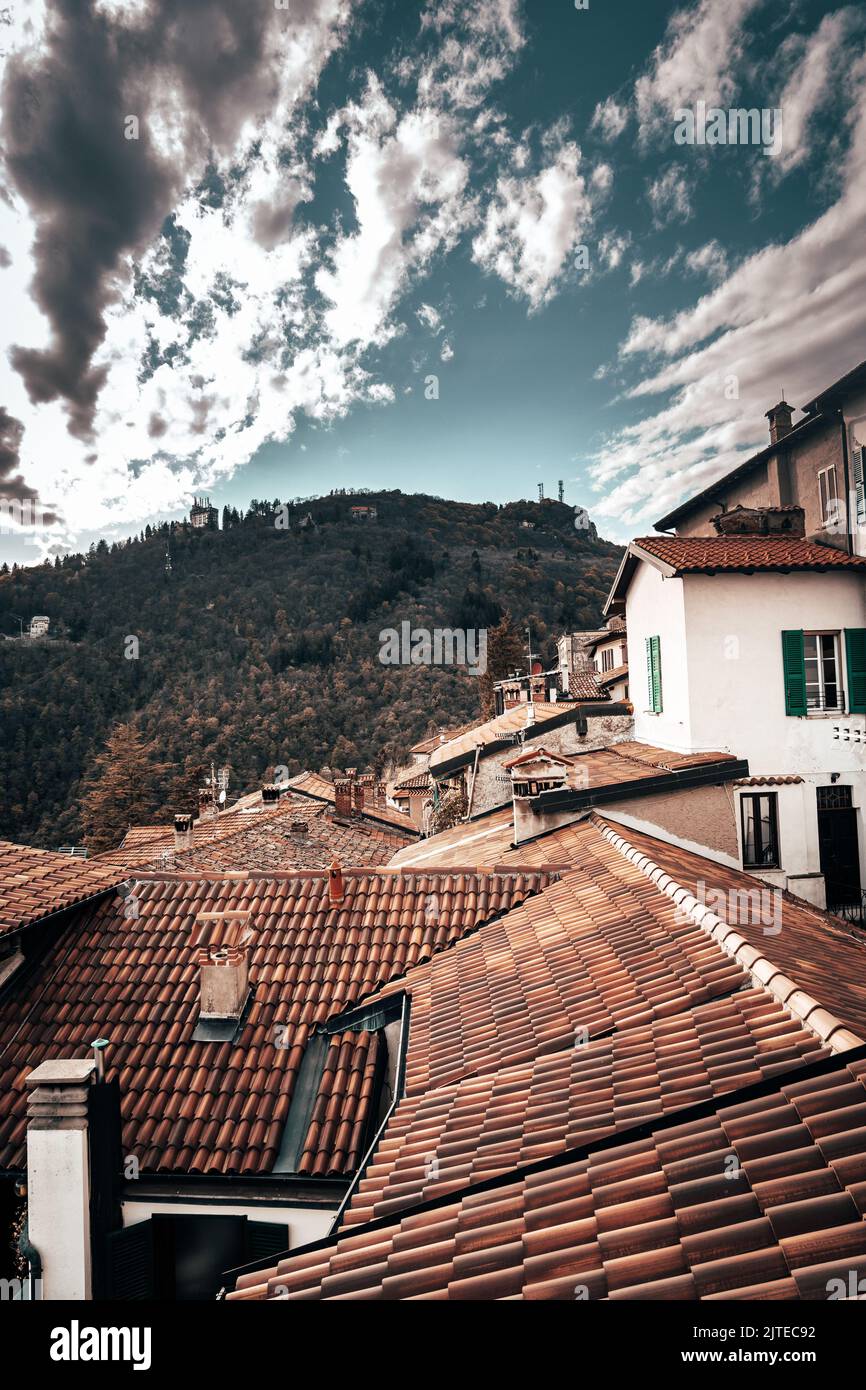 A vertical shot of rural houses with dense trees in the background ...