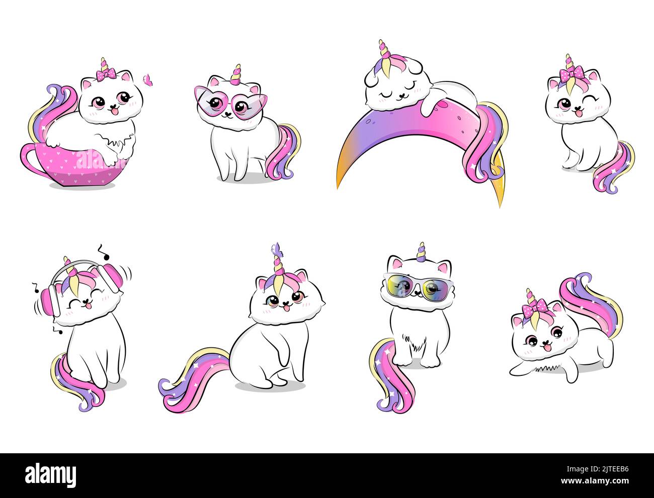 Cute cartoon cats with unicorn horn and tail set. Vector illustration. Stock Vector