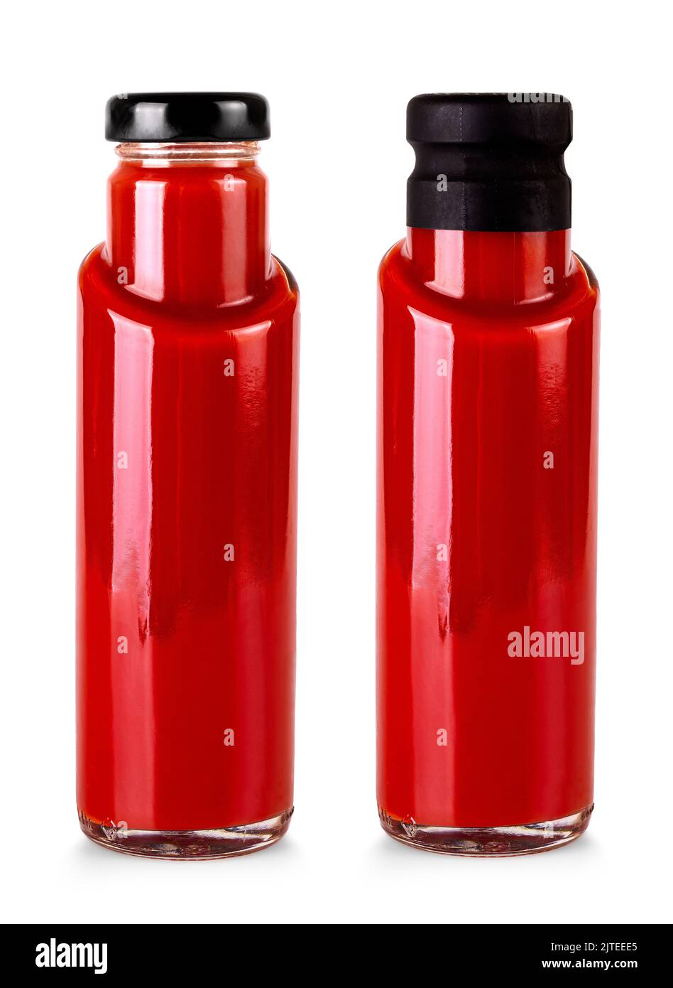 The set of Bottles of tomato juice isolated on white background Stock