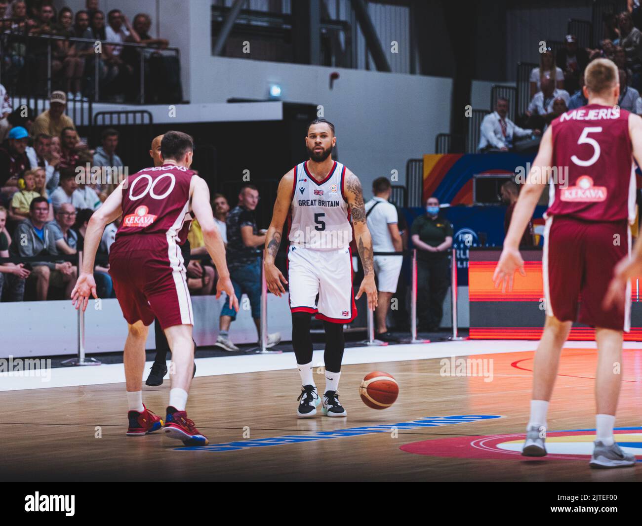 Great Britain nation mens team (team GB)play Latvia in a FIBA World Cup qualifying game at Newcastle Vertu Arena on 28 August 2022. Team GB lose 80 - 87.Copyright  Caroljmoir/Alamy Stock Photo