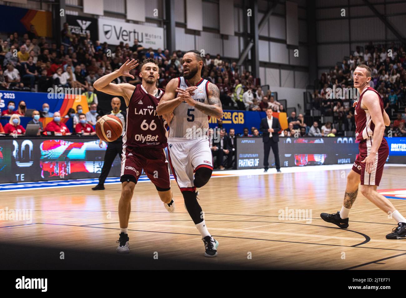 Great Britain nation mens team (team GB)play Latvia in a FIBA World Cup qualifying game at Newcastle Vertu Arena on 28 August 2022. Team GB lose 80 - 87.Copyright  Caroljmoir/Alamy Stock Photo