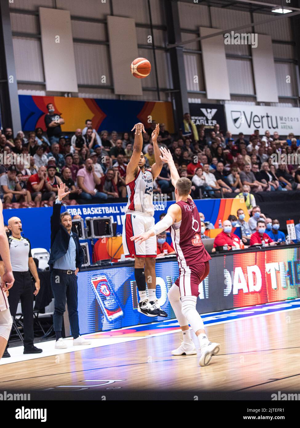 Great Britain nation mens team (team GB)play Latvia in a FIBA World Cup qualifying game at Newcastle Vertu Arena on 28 August 2022. Team GB lose 80 - 87.Copyright  Caroljmoir/Alamy Stock Photo