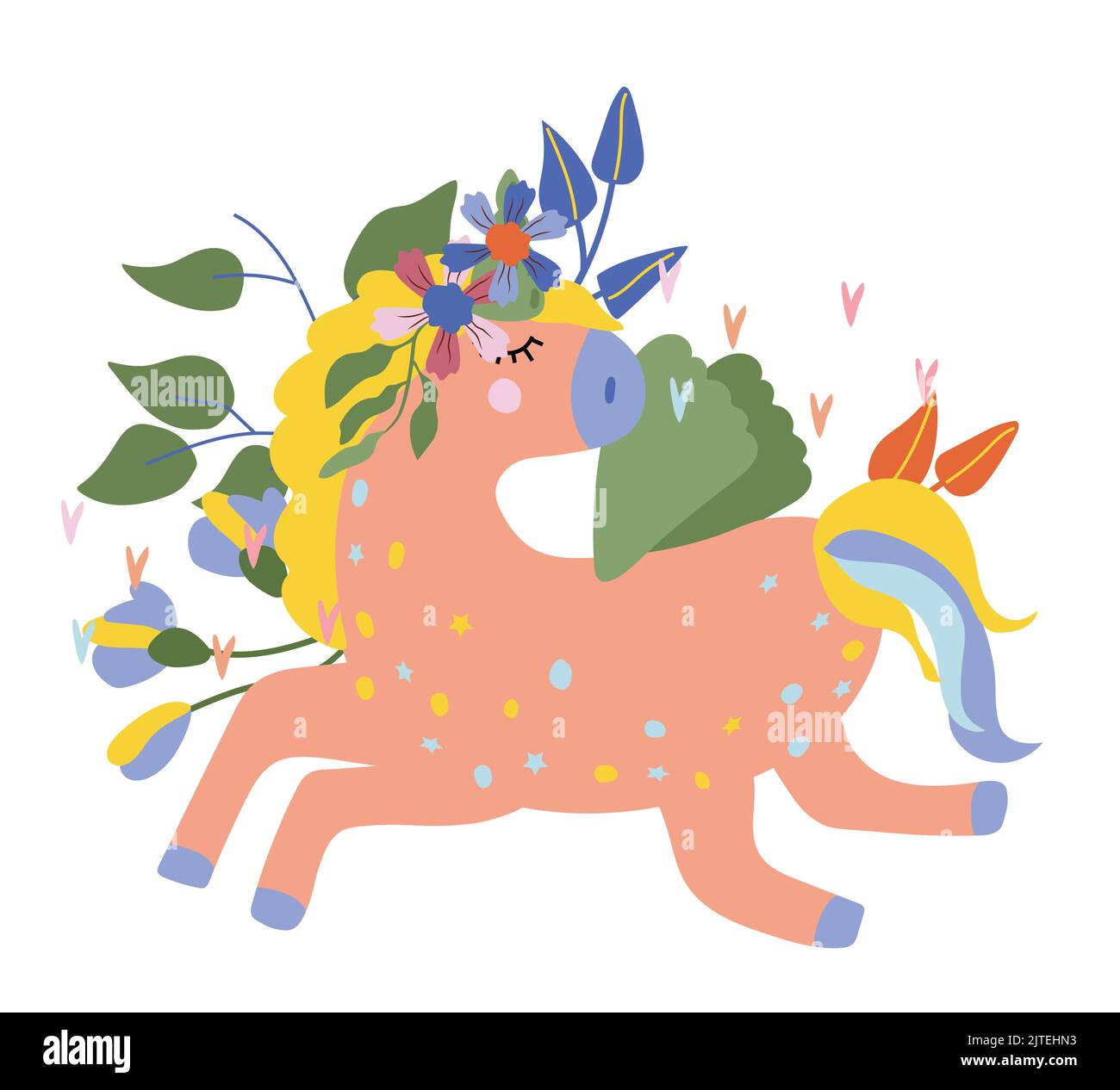 Cute unicorn with colorful the tail, flowers and leaves. Fantastic Unicorn in flat style. Fairy ...