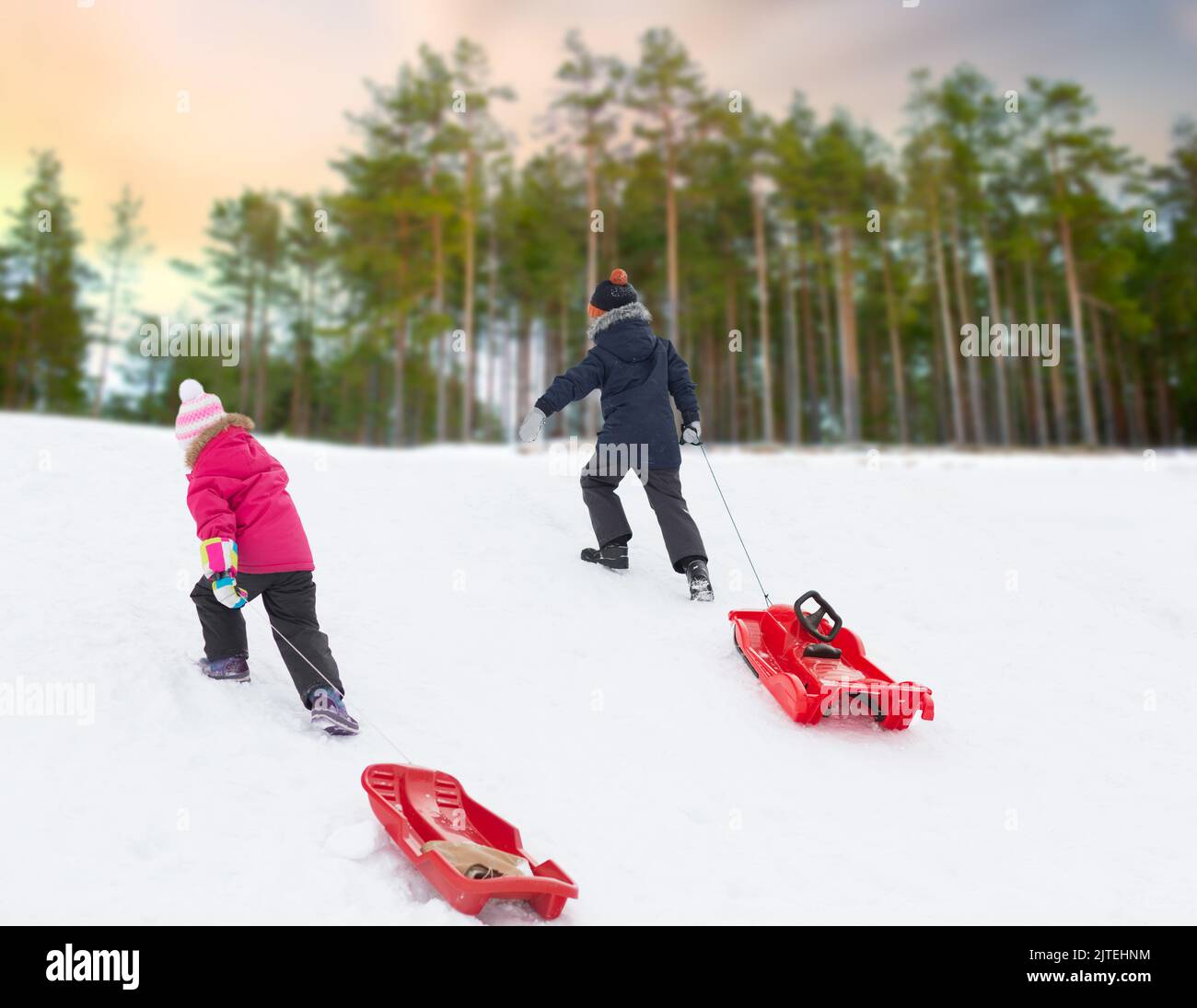 children with sleds climbing snow hill in winter Stock Photo - Alamy