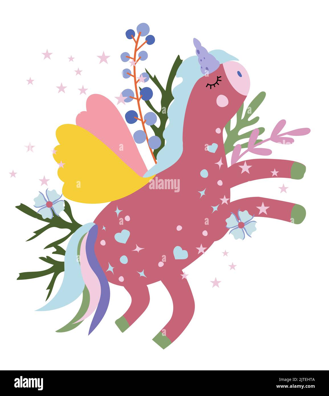 Cute pink unicorn with colorful the tail, flowers and leaves. Fantastic Unicorn in flat style ...