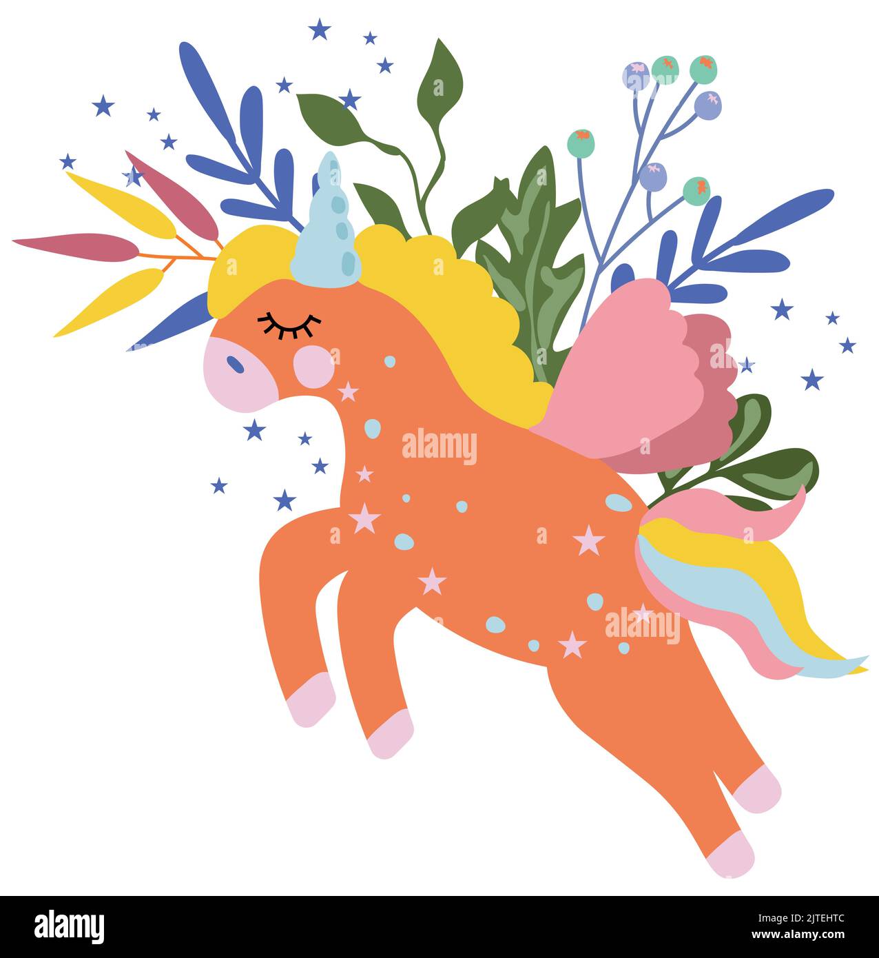 Cute unicorn with colorful the tail, flowers and leaves. Fantastic Unicorn in flat style. Fairy ...