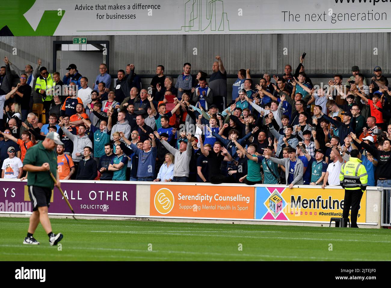 York, UK. 30th Aug, 2022. Oldham fans during the National League fixture between York City and Oldham Athletic at the LNER Community Stadium, York on Monday 29th August 2022. (Credit: Eddie Garvey | MI News) Credit: MI News & Sport /Alamy Live News Stock Photo