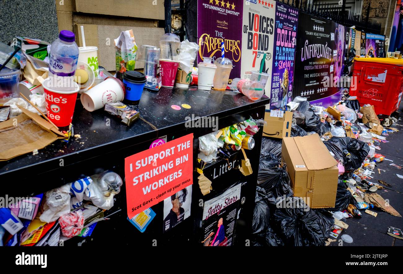 Rubbish piles up in the streets of Edinburgh, Scotland's capital city