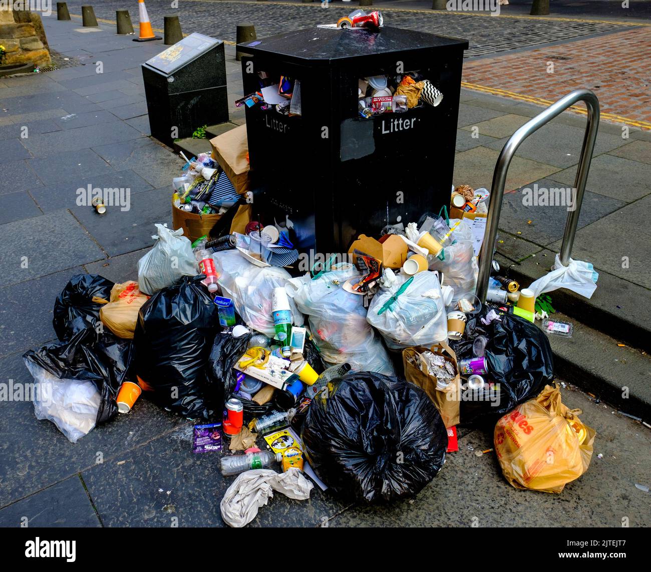 Rubbish piles up in the streets of Edinburgh, Scotland's capital city