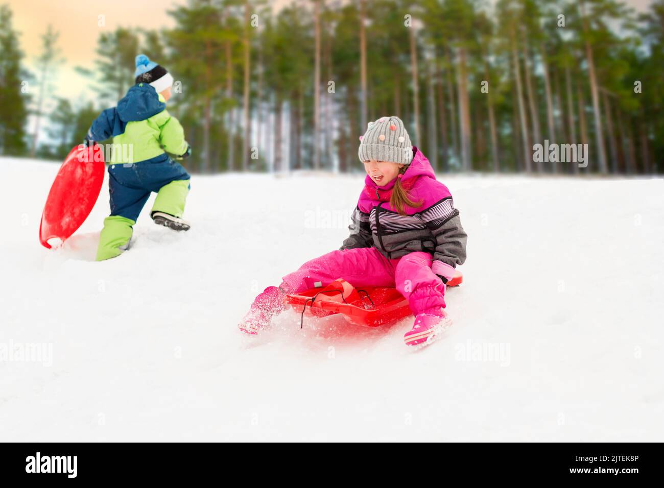 children sliding on sleds down hill in winter Stock Photo - Alamy