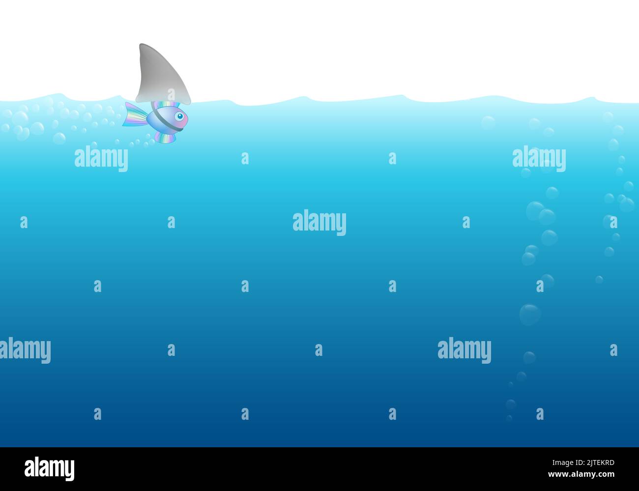 Small fish with fake shark fin costume swimming alone and anxious in deep dangerous ocean water background, with bubbles - comic illustration. Stock Photo
