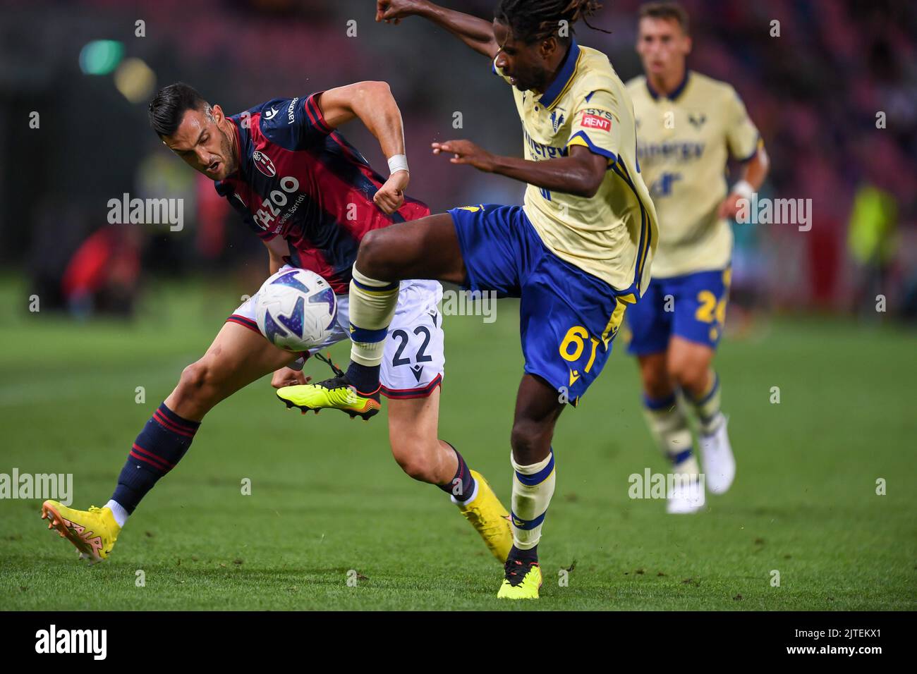 Bologna's Charalampos Lykogiannis and Hellas Verona's Adrien Tameze