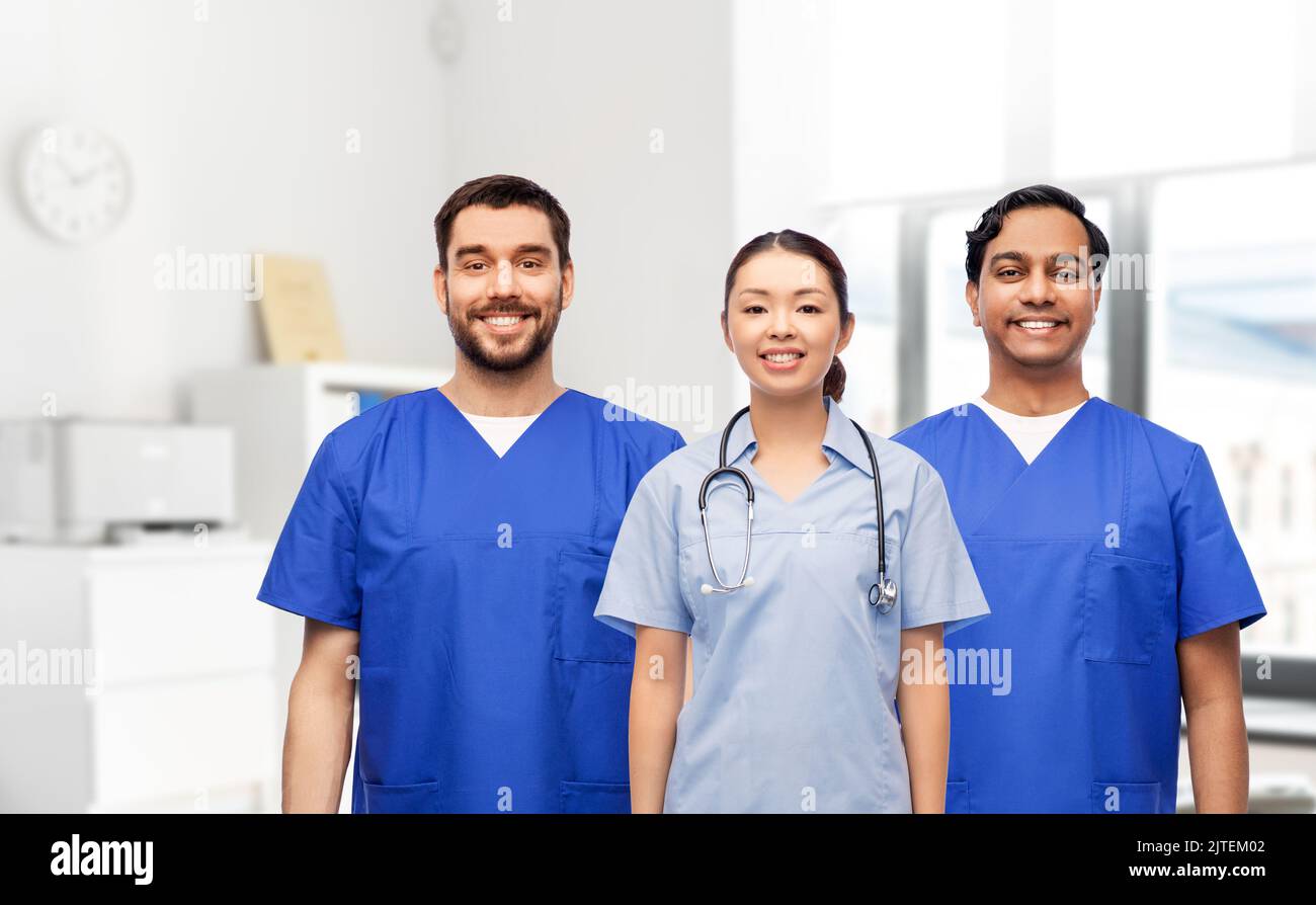 group of happy doctors or nurses at hospital Stock Photo