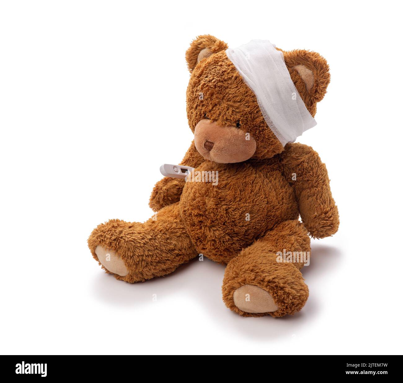 teddy bear toy with bandaged head and thermometer Stock Photo - Alamy