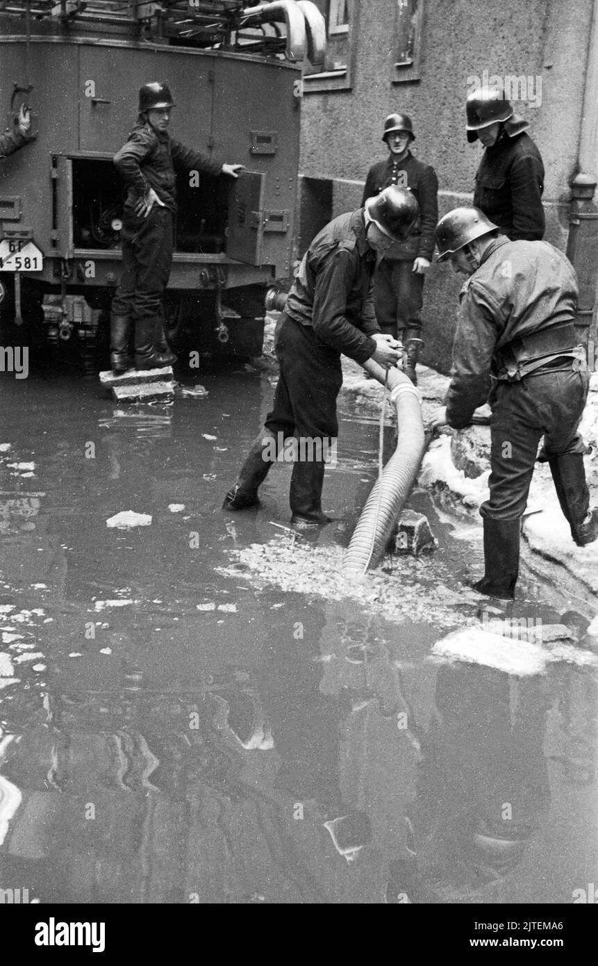 Feuerwehr laufend im Einsatz: Hier helfen die Männer der Feuerwehr, das Wasser bei einem Wasserrohrbruch abzupumpen, Berlin, Deutschland 1947. Stock Photo