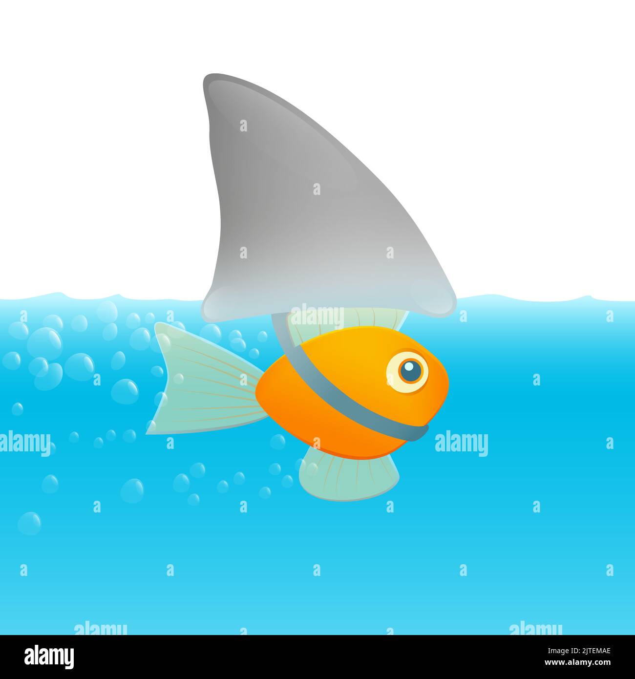Goldfish under the guise of a fake shark fin, symbol for deception, bluff, trick, sham, disguise and illusion - comic illustration. Stock Photo