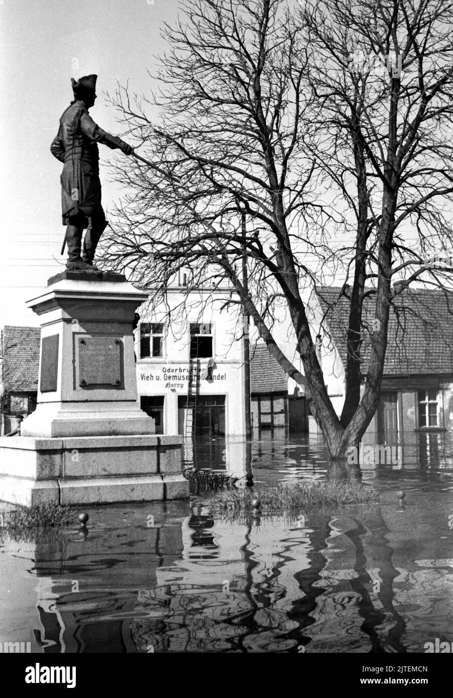 Das Wasser knabbert am Sockel vom Denkmal des Alten Fritz im Dorfzentrum während der Hochwasserkatastrophe im Dorf Neutrebbin, Deutschland 1947. Stock Photo
