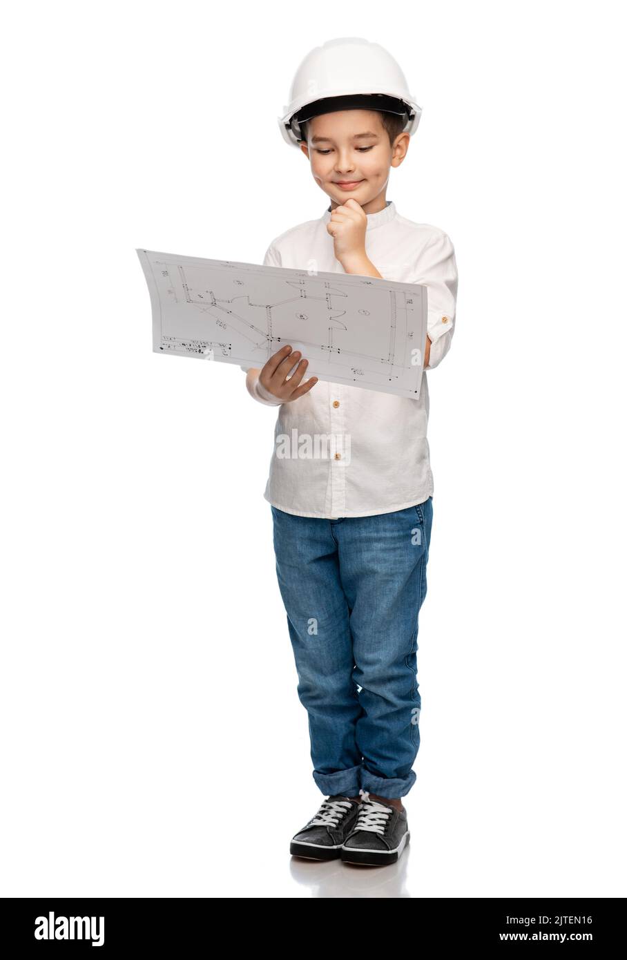 little boy in construction helmet with blueprint Stock Photo Alamy