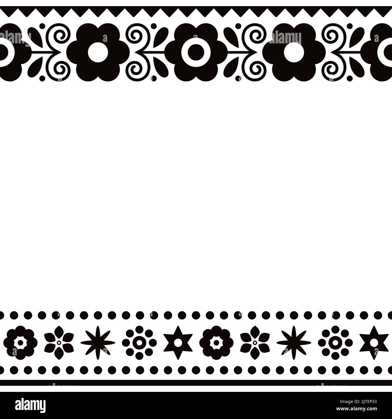 Polish folk art vector greeting card design or wedding invitation with flowers and geometric shapes in black and white Stock Vector