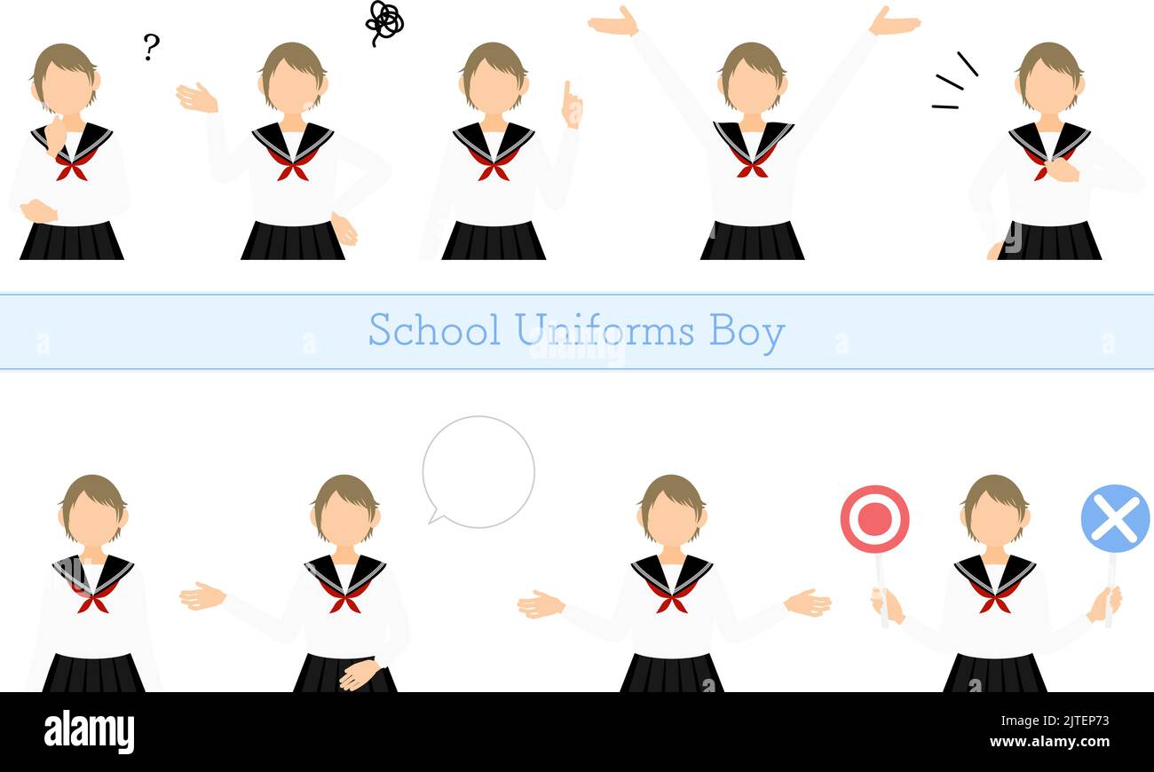 Girl wearing white school sailor uniform, posed set, Questioning, embarrassment, pointing, talking, etc. Stock Vector