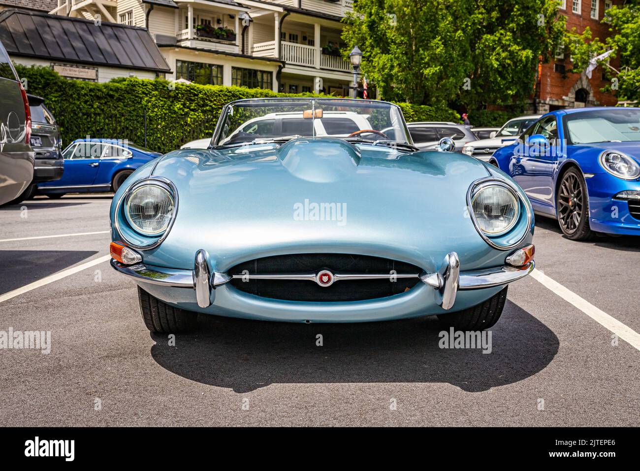 Highlands, NC June 11, 2022 Low perspective front view of a 1965 Jaguar E Type Series 1 4.2