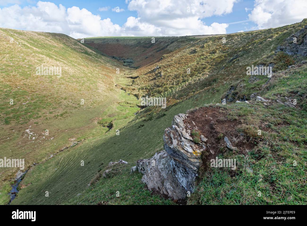 Narrow steep-sided stream valley leading to the Cornish coast, Tregragon, near Delabole, Cornwall, UK, September 2021. Stock Photo