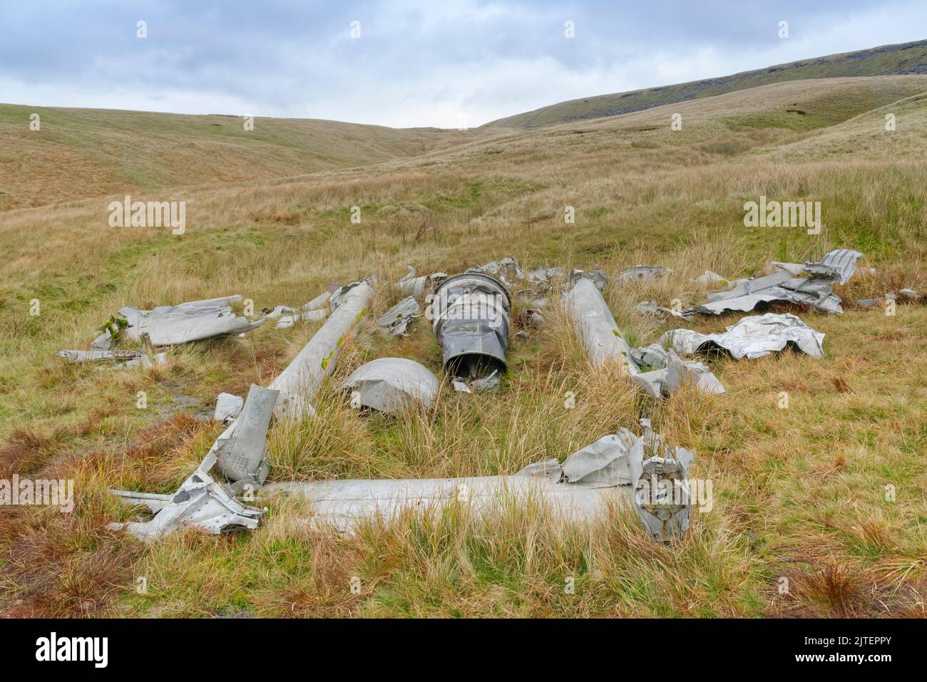 Wreckage of Vampire VZ106 aircraft which crashed on the western slopes of Fan Hir in 1953, Brecon Beacons, Wales, UK, October 2021. Stock Photo
