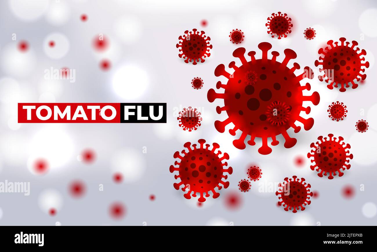 Tomato flu virus cells outbreak medical banner. Tomato flu virus cells on white science background. Vector illustration Stock Vector