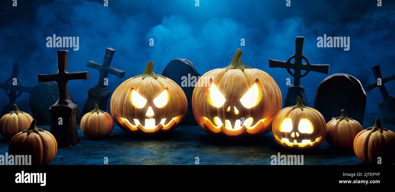 Halloween pumpkins on the background of cemetery crosses. Jack o ...