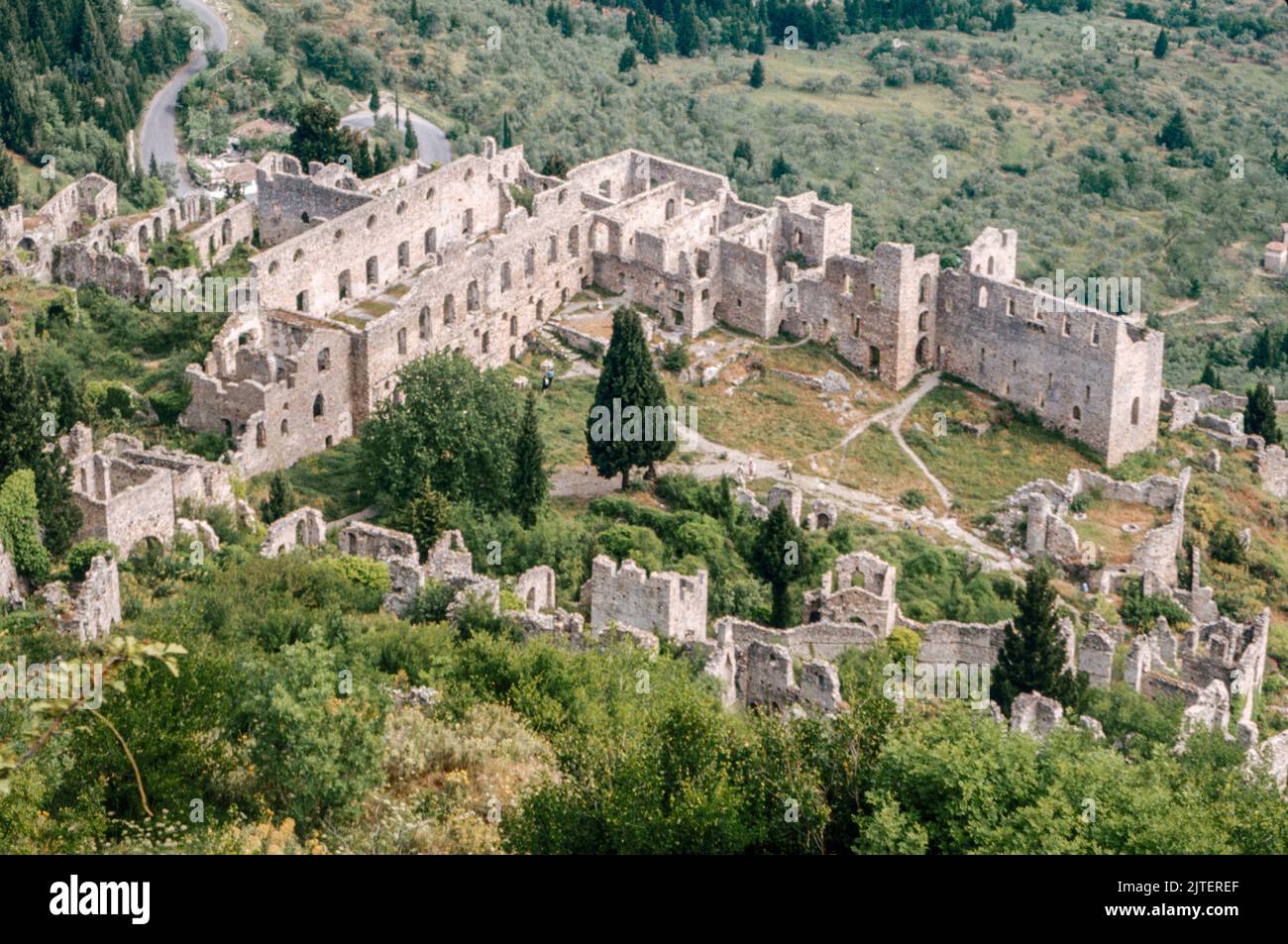 Despot’s Palace at Mystras (Mistras or Myzithras), a fortified town and a former municipality in Laconia, Peloponnese, Greece near ancient Sparta, it served as the capital of the Byzantine Despotate of the Morea. March 1980. Archival scan from a slide. Stock Photo
