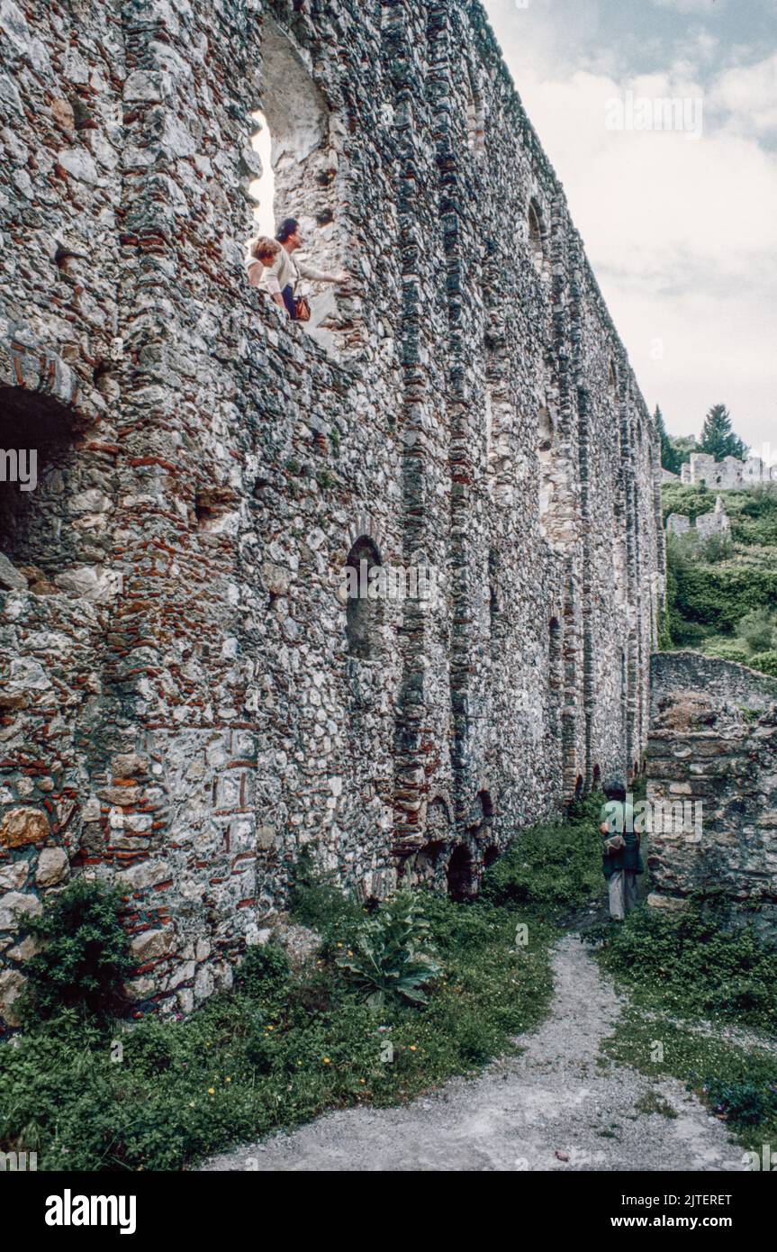 Despot’s Palace at  Mystras (Mistras or Myzithras), a fortified town and a former municipality in Laconia, Peloponnese, Greece near ancient Sparta, it served as the capital of the Byzantine Despotate of the Morea. March 1980. Archival scan from a slide. Stock Photo