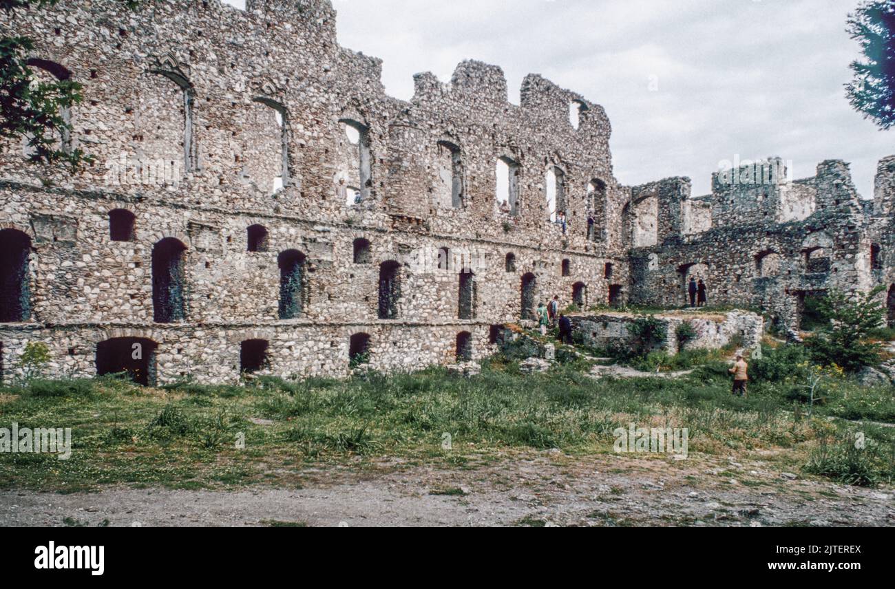 Despot’s Palace at Mystras (Mistras or Myzithras), a fortified town and a former municipality in Laconia, Peloponnese, Greece near ancient Sparta, it served as the capital of the Byzantine Despotate of the Morea. March 1980. Archival scan from a slide. Stock Photo
