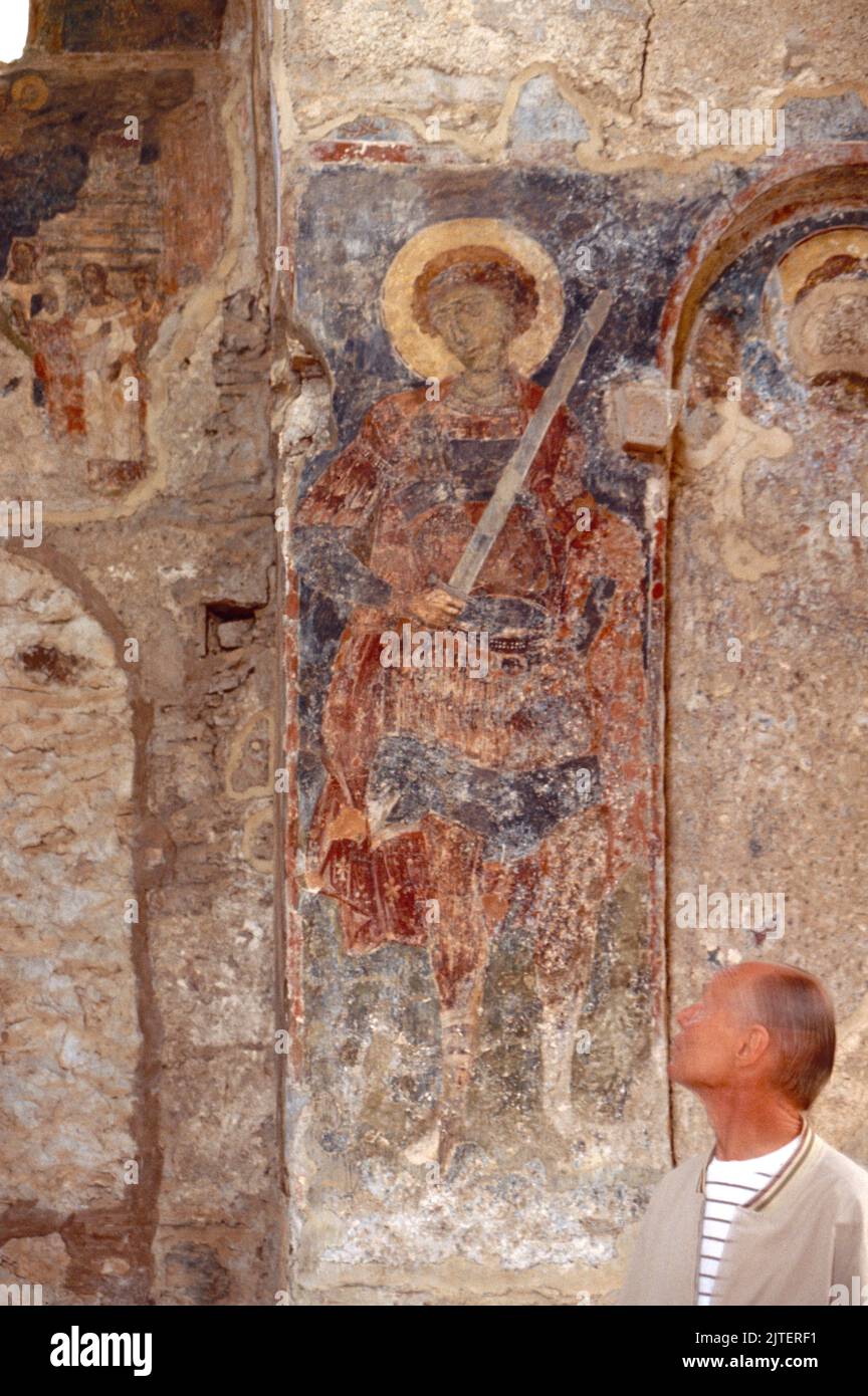Fresco in Church of Agioi Theodoroi at Mystras (Mistras or Myzithras), a fortified town and a former municipality in Laconia, Peloponnese, Greece near ancient Sparta, it served as the capital of the Byzantine Despotate of the Morea. March 1980. Archival scan from a slide. Stock Photo
