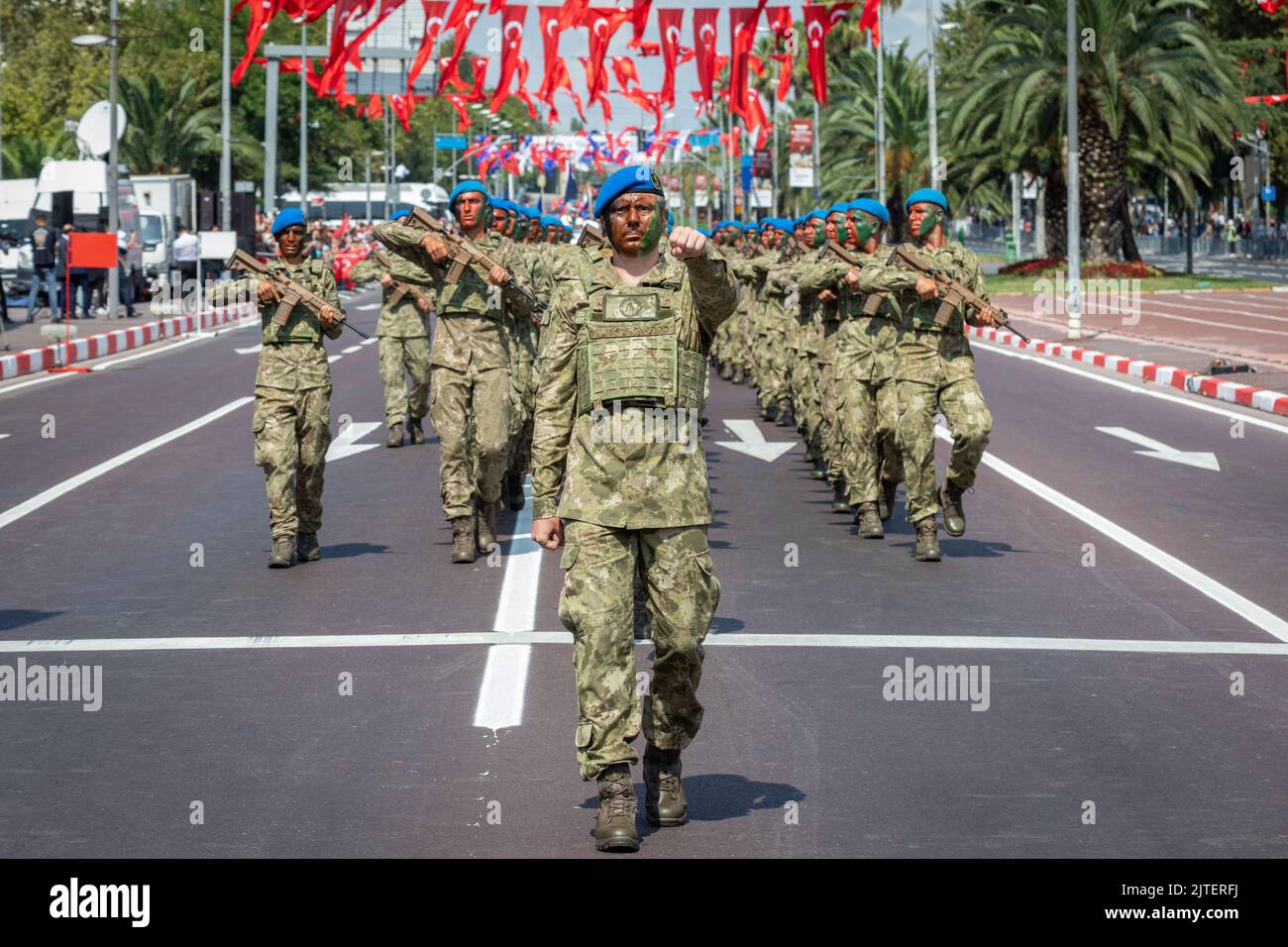 August 30, 2022: Parade of Turkish military units on August 30 Victory Day. The 100th anniversary of the August 30 Victory Day was celebrated with an official ceremony and parades on Vatan Street in Fatih, Istanbul, Turkey on August 30, 2022. Istanbul Governor Ali Yerlikaya, 1st Army Commander Ali Sivri, Istanbul Metropolitan Mayor Ekrem Imamoglu and many citizens attended the celebration ceremony. (Credit Image: © Tolga Ildun/ZUMA Press Wire) Stock Photo