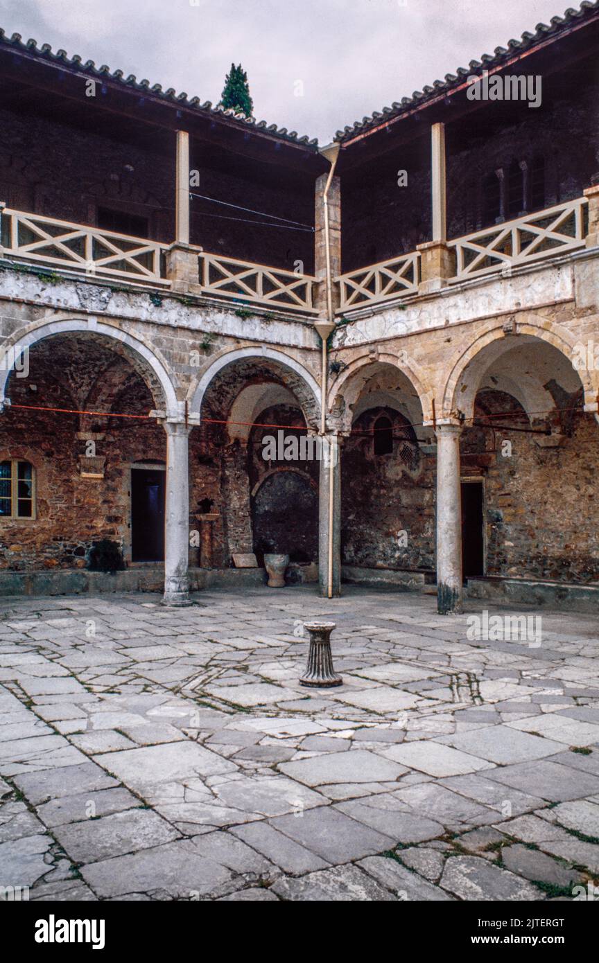 Metropolis of Saint Demetrios at Mystras (Mistras or Myzithras), a fortified town and a former municipality in Laconia, Peloponnese, Greece near ancient Sparta, it served as the capital of the Byzantine Despotate of the Morea. March 1980. Archival scan from a slide. Stock Photo