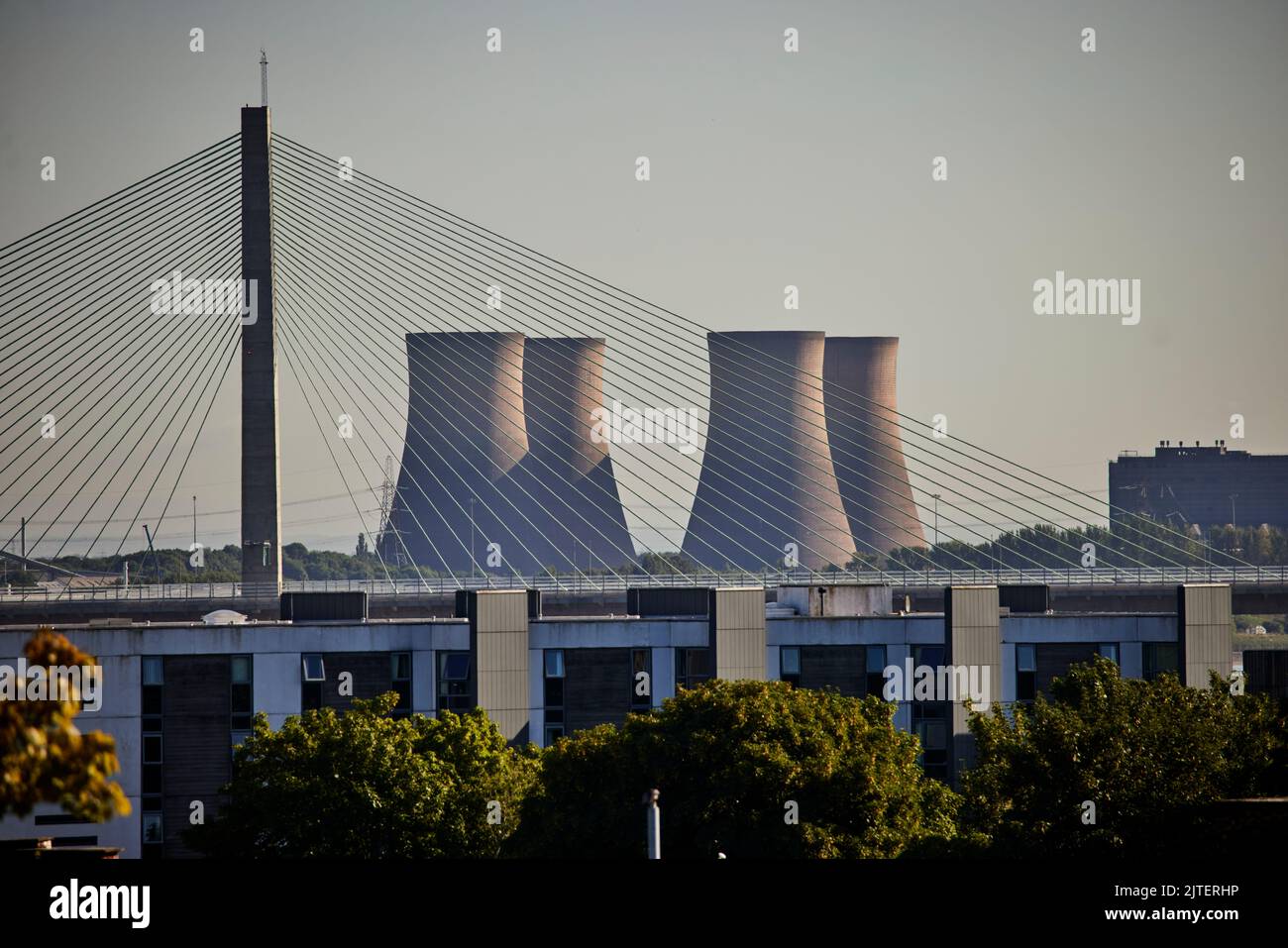 The Mersey Gateway Bridge and Fiddler's Ferry Power Station Stock Photo