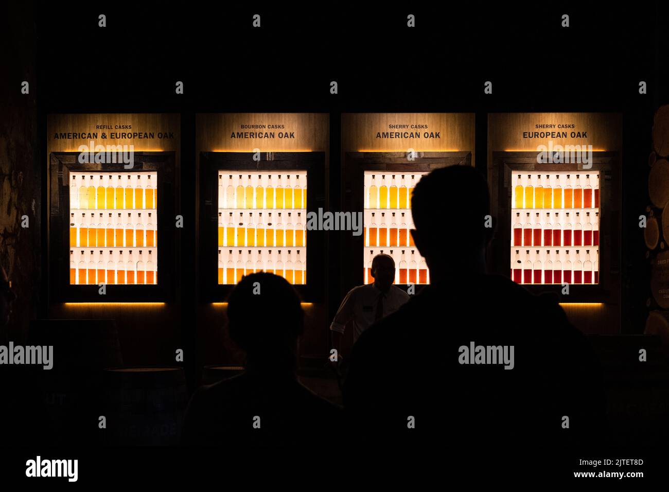 Whisky maturation process and types of sherry and bourbon casks used being explained during tour at Glengoyne Distillery, Scotland, UK Stock Photo