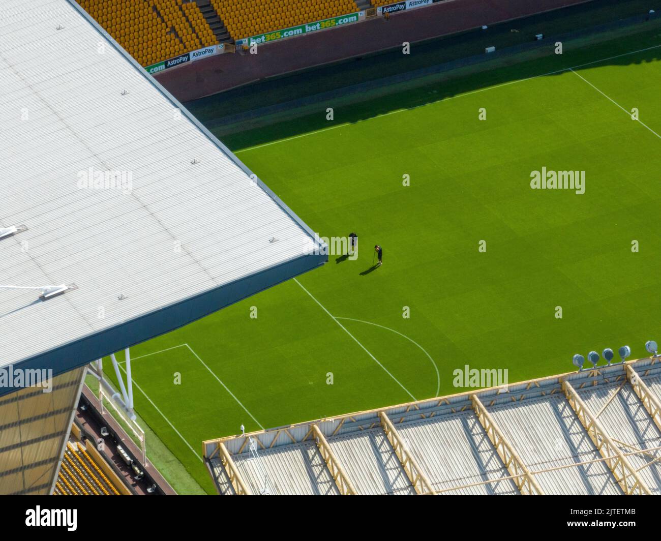 Molineux Stadium in Wolverhampton, West Midlands, England,  the home ground of Premier League club Wolverhampton Wanderers since 1889 aerial drone Stock Photo