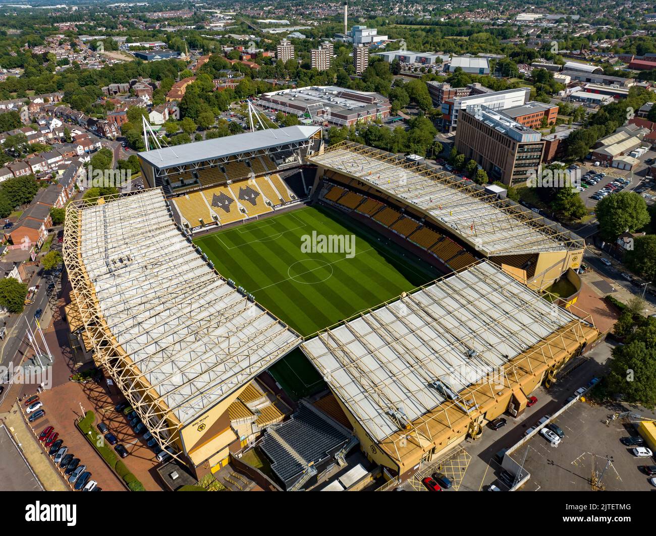 Molineux Stadium in Wolverhampton, West Midlands, England,  the home ground of Premier League club Wolverhampton Wanderers since 1889 aerial drone Stock Photo