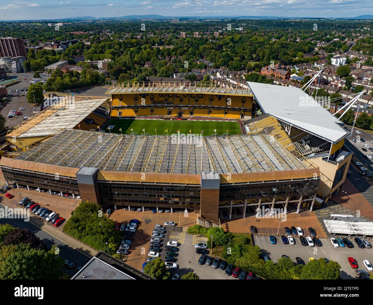 Molineux Stadium in Wolverhampton, West Midlands, England,  the home ground of Premier League club Wolverhampton Wanderers since 1889 aerial drone Stock Photo